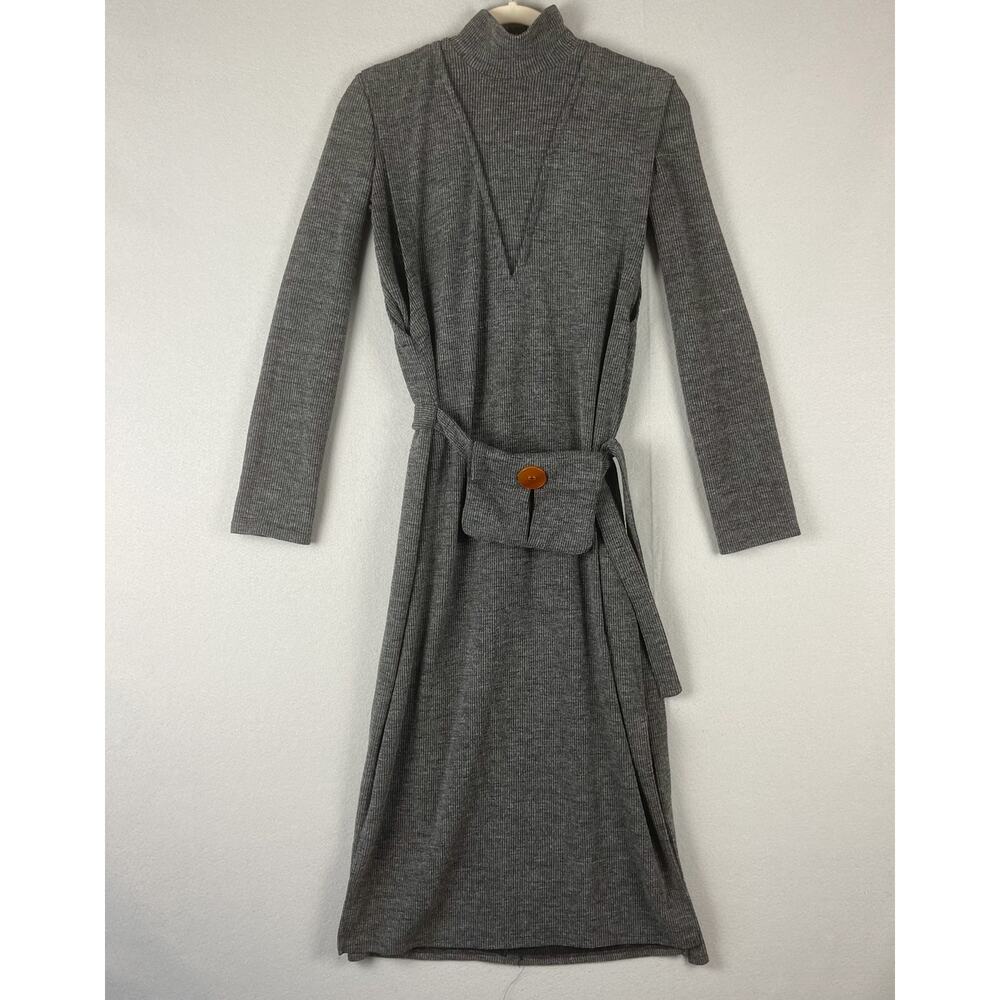 Zara Knit Ribbed Dress Womens Medium Gray Waist Pouch Long Sleeve Mock Neck
